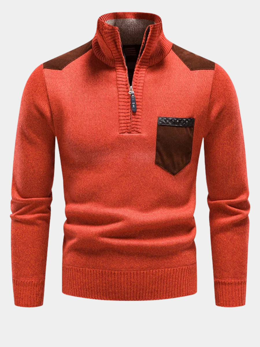 Men's Sweater with Stand-Up Collar and Half Zip - Contrast Details