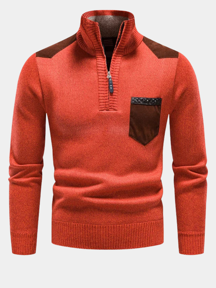 Men's Sweater with Stand-Up Collar and Half Zip - Contrast Details
