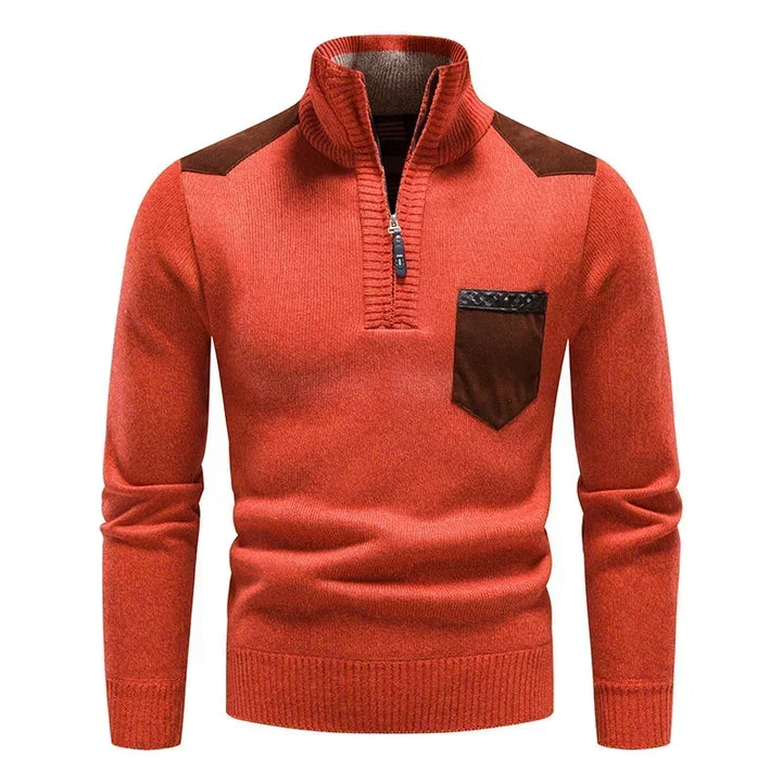 Men's Sweater with Stand-Up Collar and Half Zip - Contrast Details