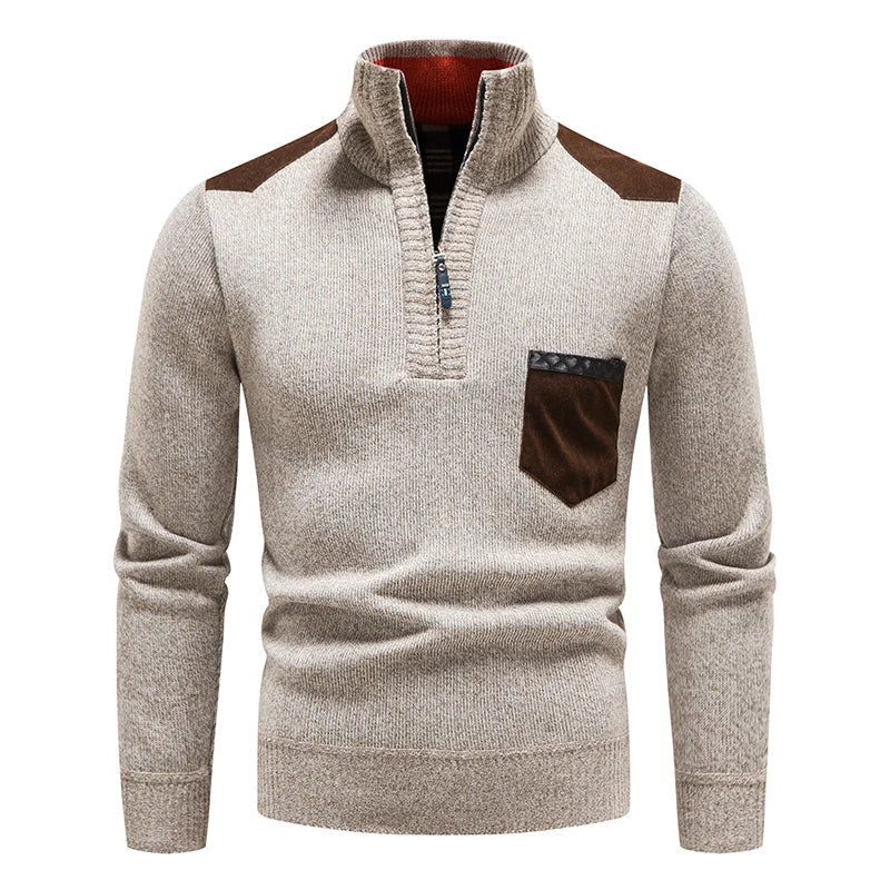 Men's Sweater with Stand-Up Collar and Half Zip - Contrast Details