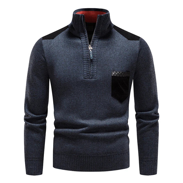Men's Sweater with Stand-Up Collar and Half Zip - Contrast Details