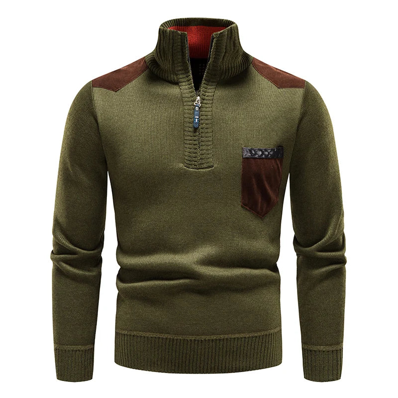 Men's Sweater with Stand-Up Collar and Half Zip - Contrast Details
