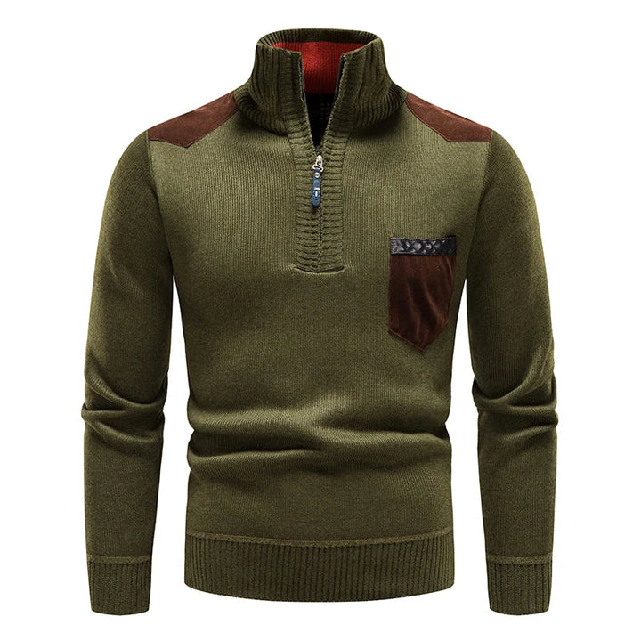 Men's Sweater with Stand-Up Collar and Half Zip - Contrast Details
