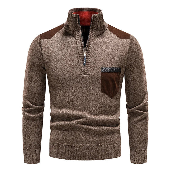 Men's Sweater with Stand-Up Collar and Half Zip - Contrast Details
