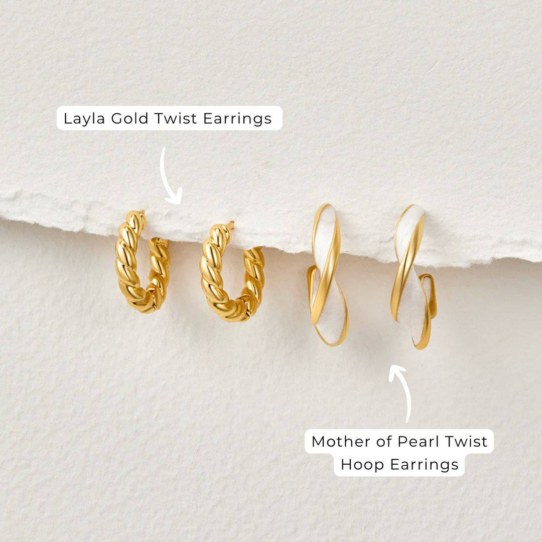 Gold twist earrings from Emma & Rose Cape Town, stylish Krystal™ Layla earrings with a twisted design, shown on a white background.