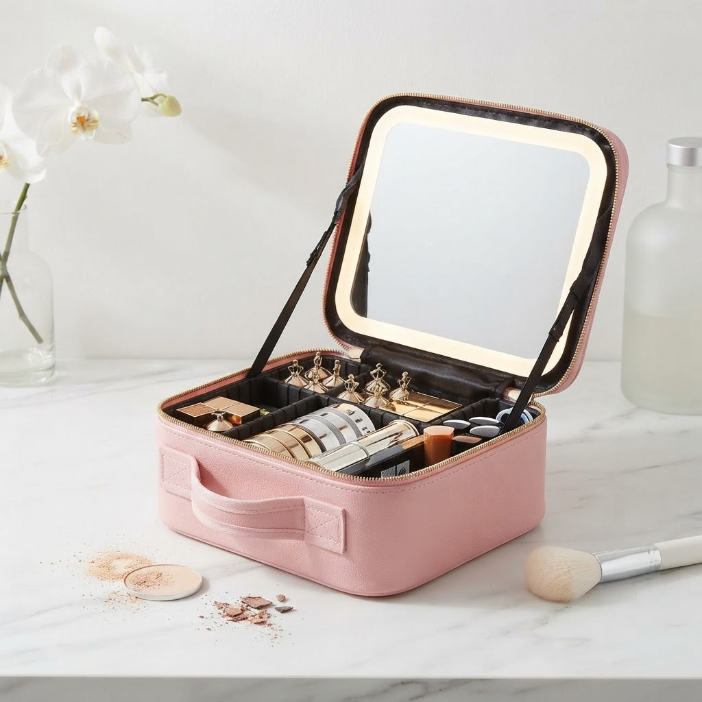 LED Makeup Case With Built-In Lighted Mirror And Organizer For Travel