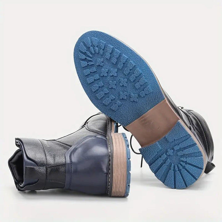 Leather Lace-Up Ankle Boots with Block Heel for Men