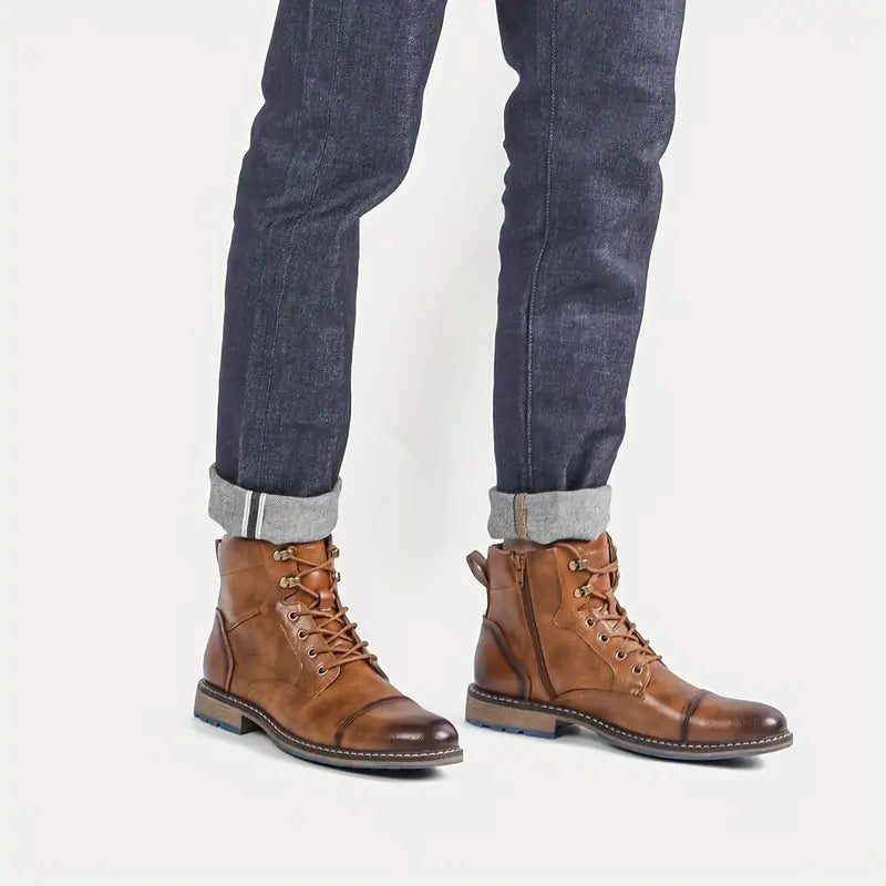 Leather Lace-Up Ankle Boots with Block Heel for Men