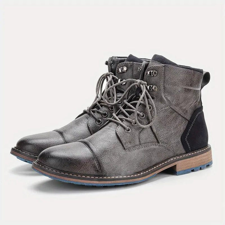 Leather Lace-Up Ankle Boots with Block Heel for Men