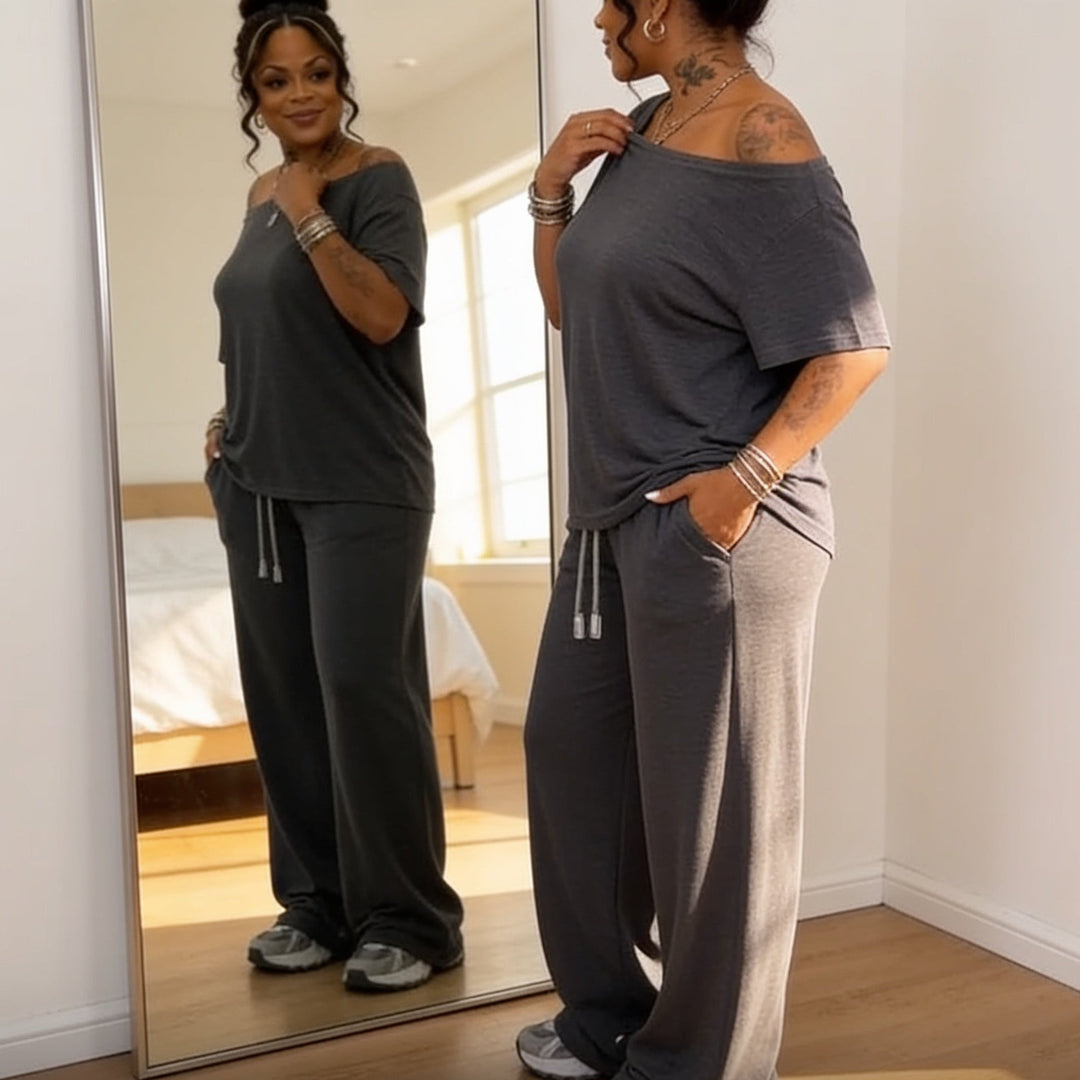 Draperline Off-Shoulder Asymmetrical Top And Wide-Leg Pants Set - Elena Harper