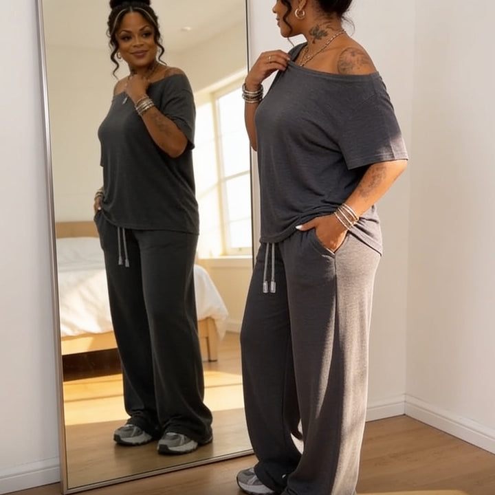 Draperline Off-Shoulder Asymmetrical Top And Wide-Leg Pants Set - Elena Harper