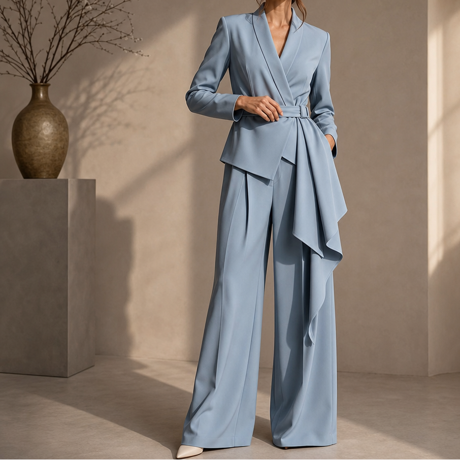 Drapevera Buckle-Belted Wrap Blazer And Wide-Leg Trouser Set - Elena Harper