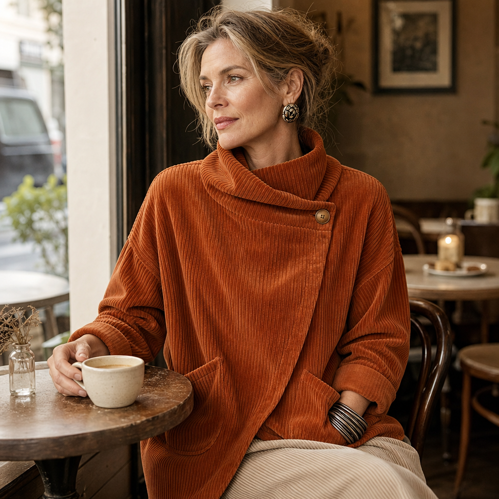 Draperie Asymmetric Button-Wrap Corduroy Top - Elena Harper