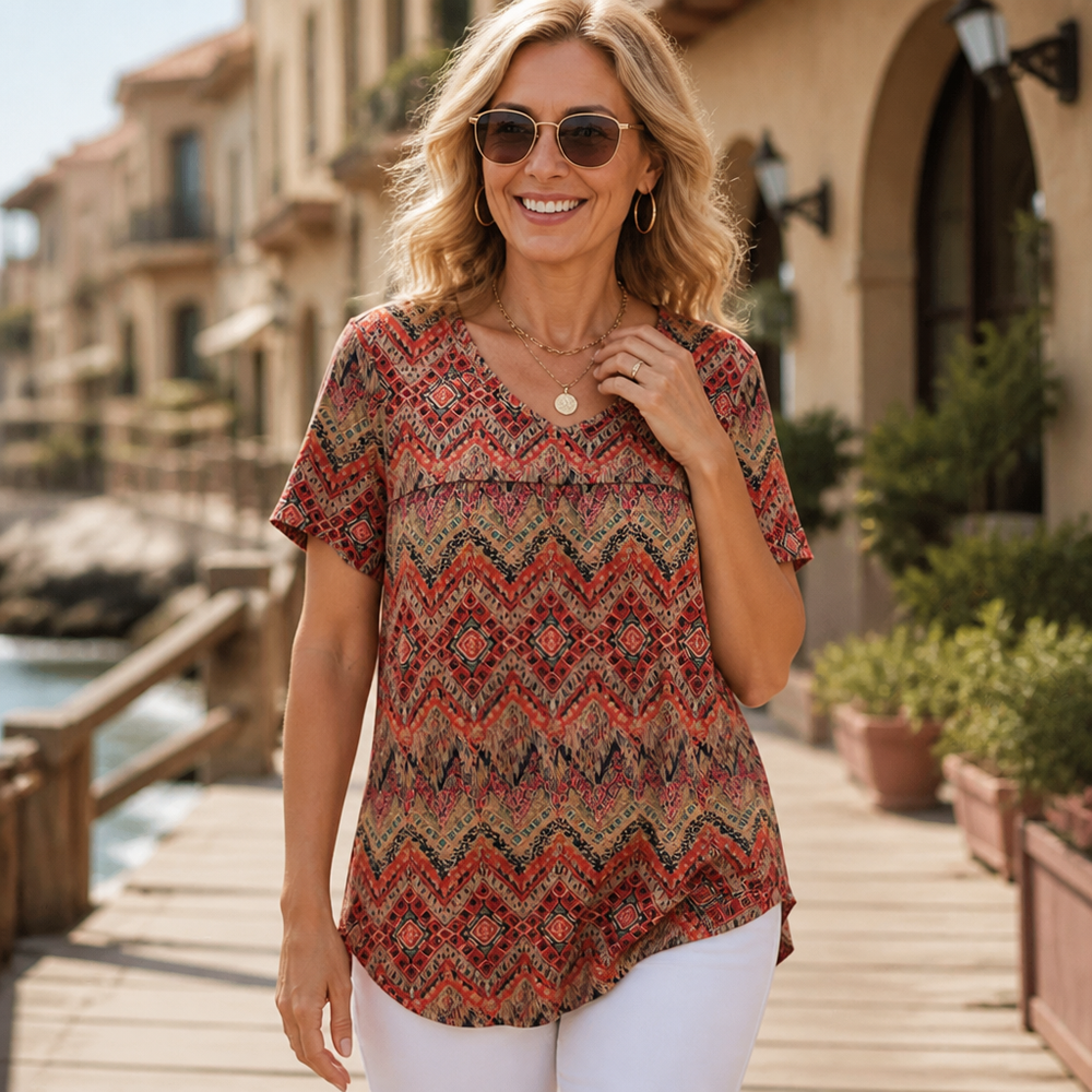 Draveil Pleated V-Neck Printed Short-Sleeve Top - Elena Harper