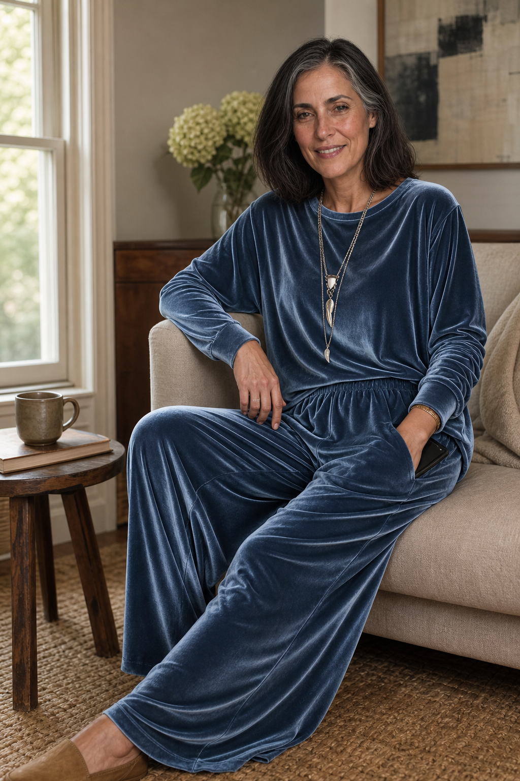 Duskvelor Velvet-Look Wide-Leg Two-Piece Lounge Set - Elena Harper