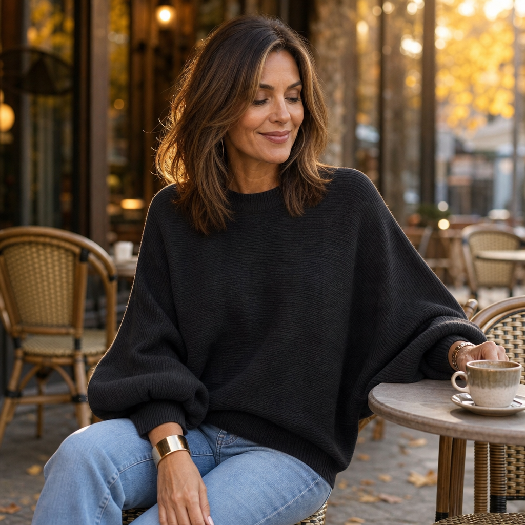 Drapeva Fitted Cuff Batwing Knit Pullover - Elena Harper