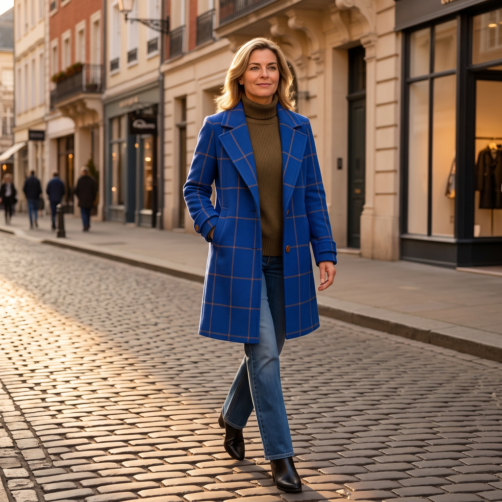 Checkwell Royal Blue Checkered Two-Button Coat - Elena Harper