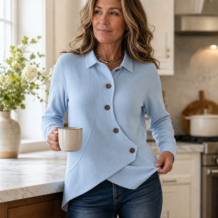 Draperly Waffle-Knit-Look Asymmetric Hem Top - Elena Harper