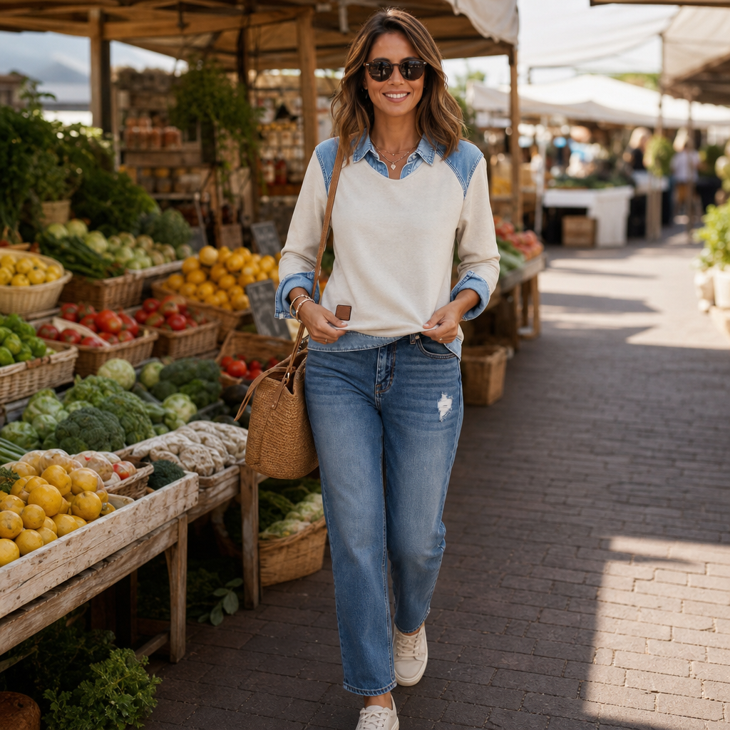 Denver & Wren Denim-Yoke Colorblock Pullover Sweatshirt - Elena Harper