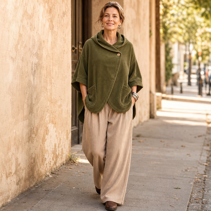 Draperly Asymmetric Hem Hooded Corduroy Poncho - Elena Harper