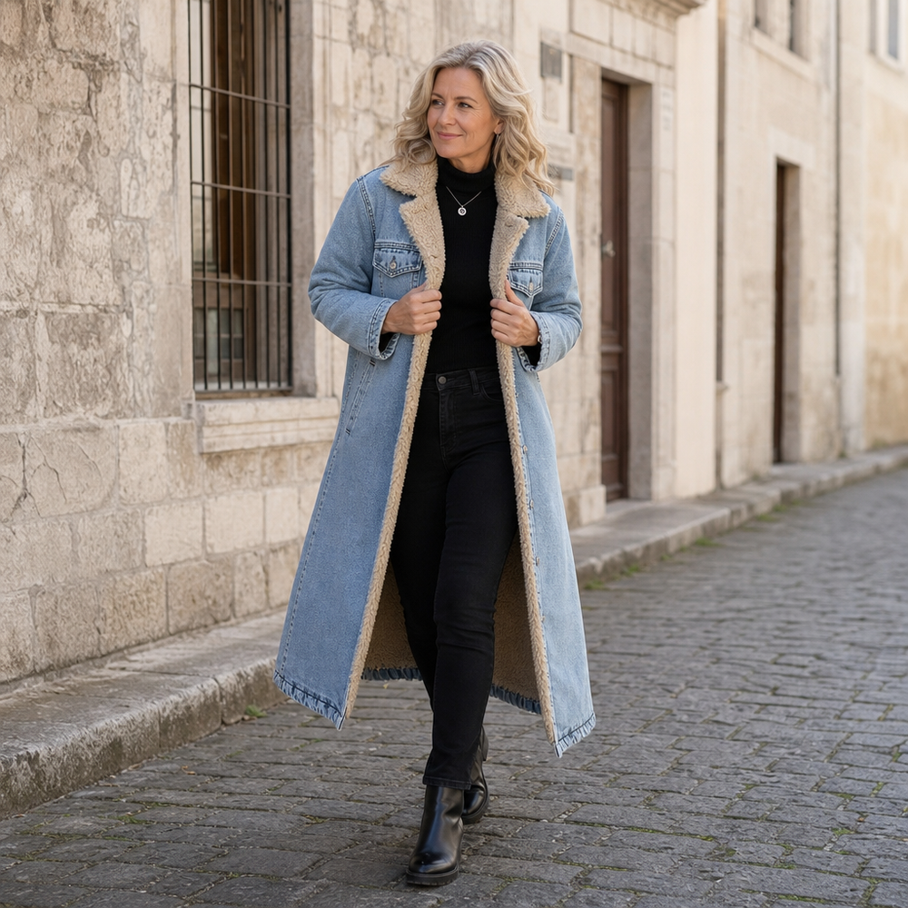 Denora Sherpa-Lined Full-Length Denim Coat - Elena Harper