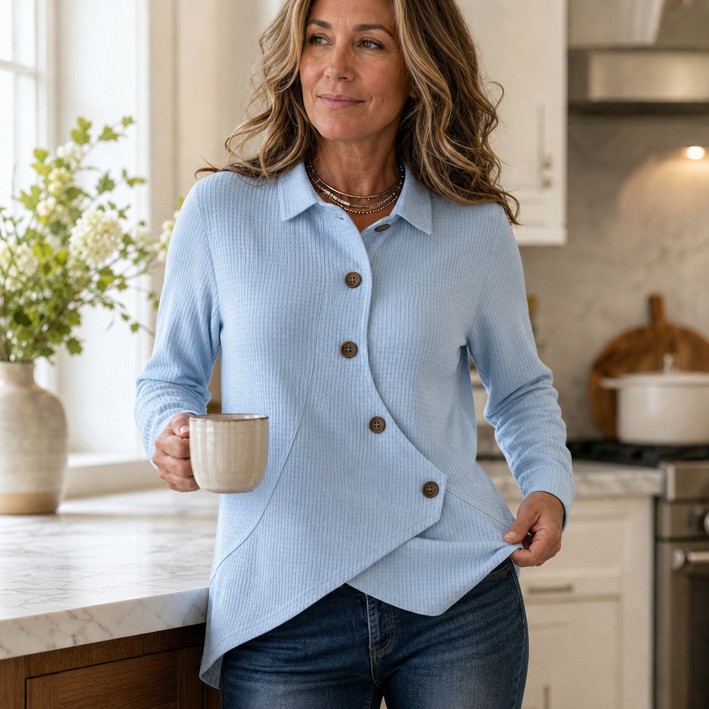 Draperly Waffle-Knit-Look Asymmetric Hem Top - Elena Harper