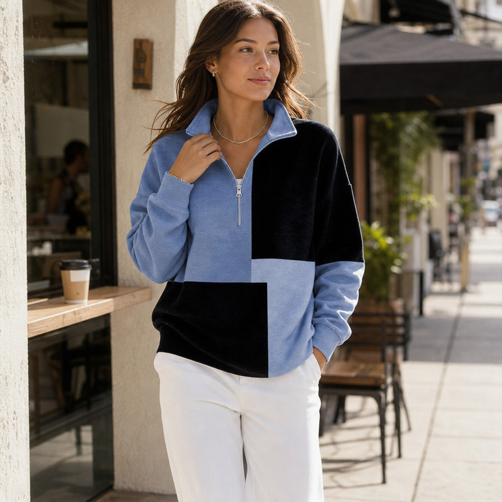 Colorplaid Colorblock Plaid Stand-Collar Zip Sweatshirt - Elena Harper