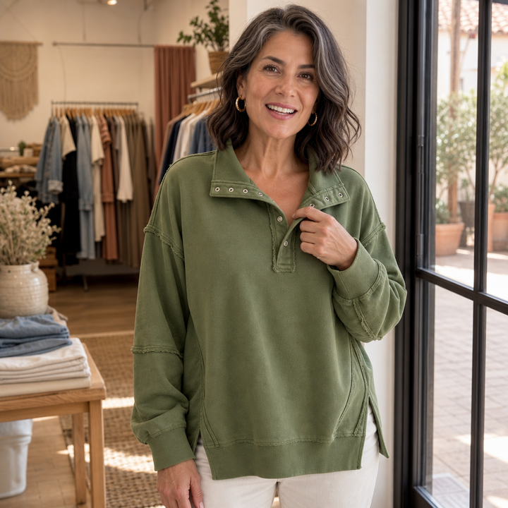 Draperie Raw-Edge Split-Cuff Snap Placket Henley - Elena Harper