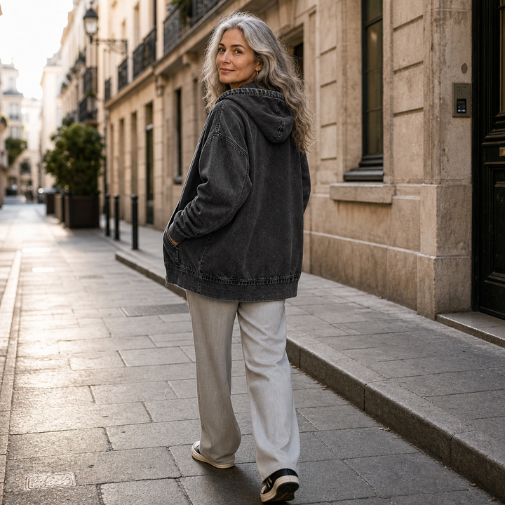 Denim Muse – Oversized Washed Denim Zip-Up Hoodie Jacket