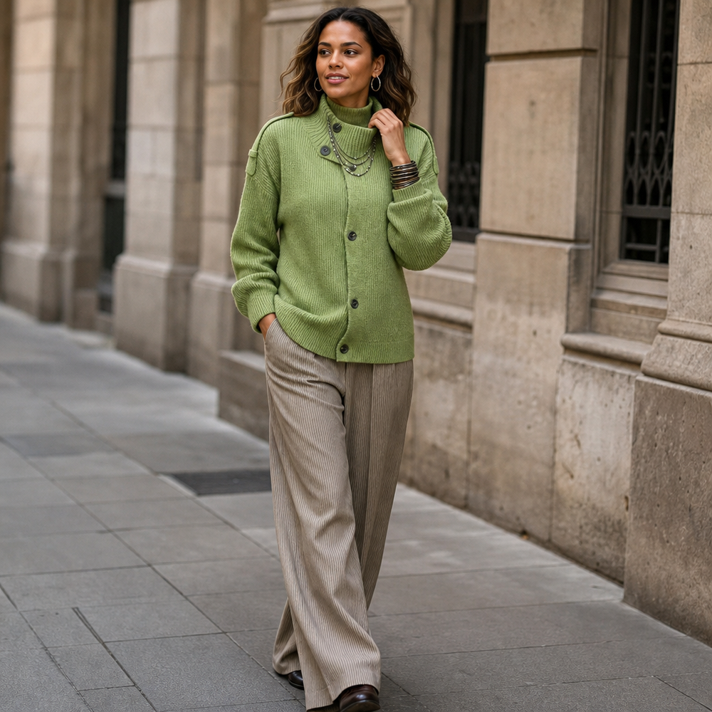 Diavelle Diagonal Button High-Collar Knit Cardigan - Elena Harper