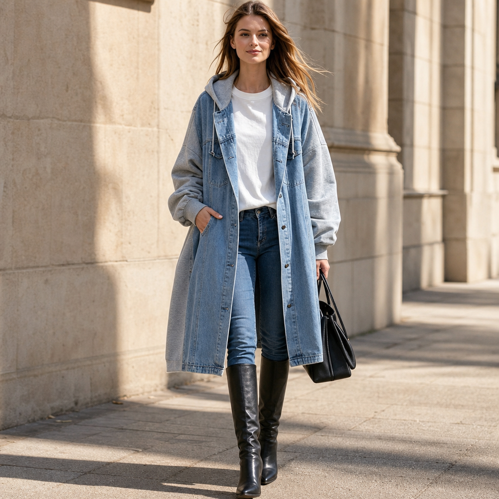 Denimova Washed Denim-Look And Hooded Sweatshirt Jacket - Elena Harper