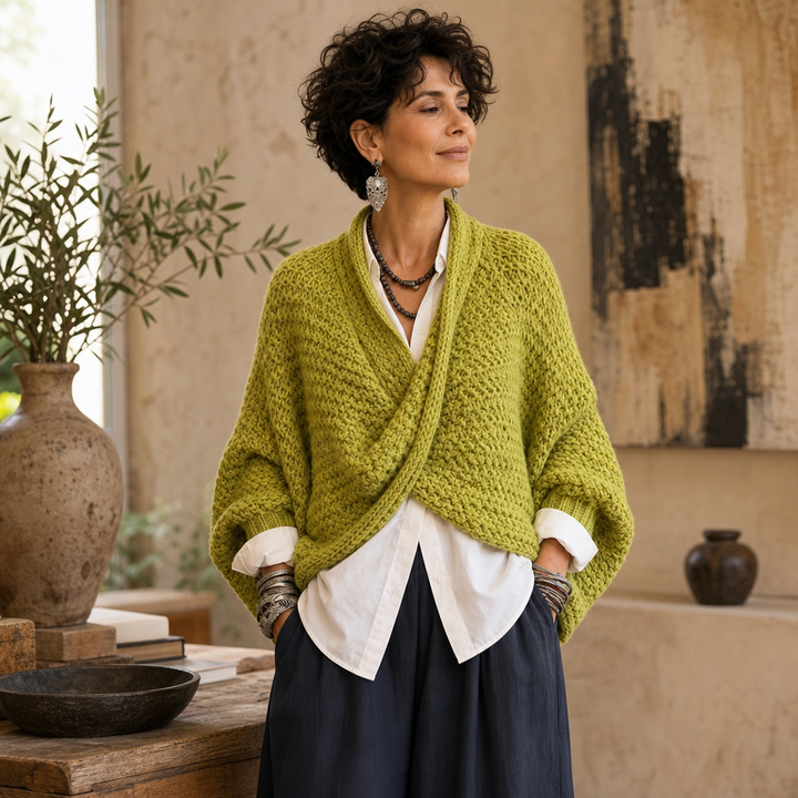 Crossovera Chunky Knit Crossover V-Neck Sweater - Elena Harper