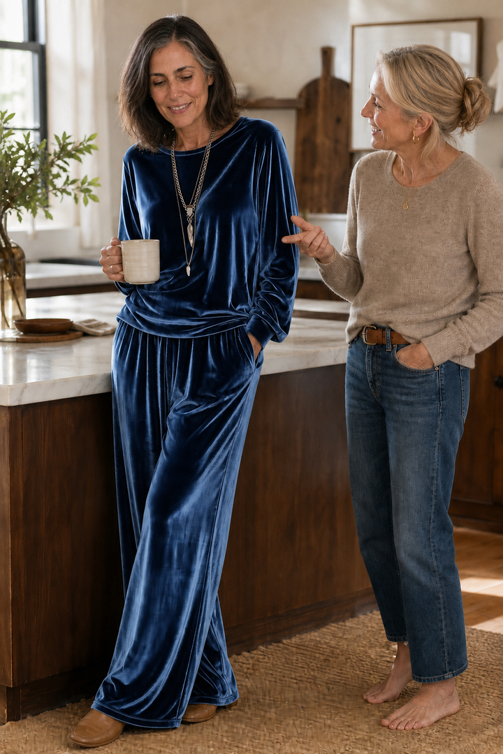 Duskvelor Velvet-Look Wide-Leg Two-Piece Lounge Set - Elena Harper