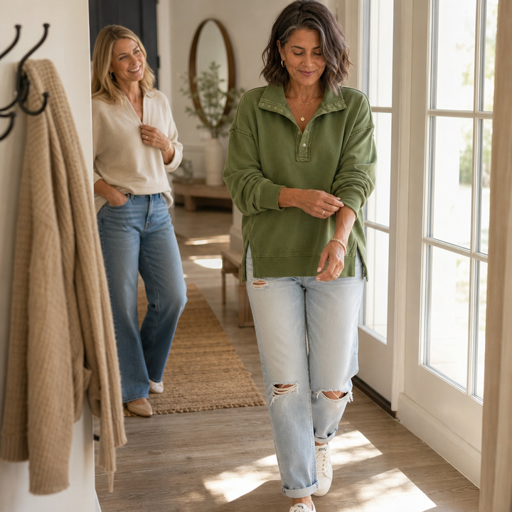 Draperie Raw-Edge Split-Cuff Snap Placket Henley - Elena Harper