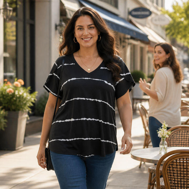 Curvella Striped V-Neck Stretch Knit Tee - Elena Harper