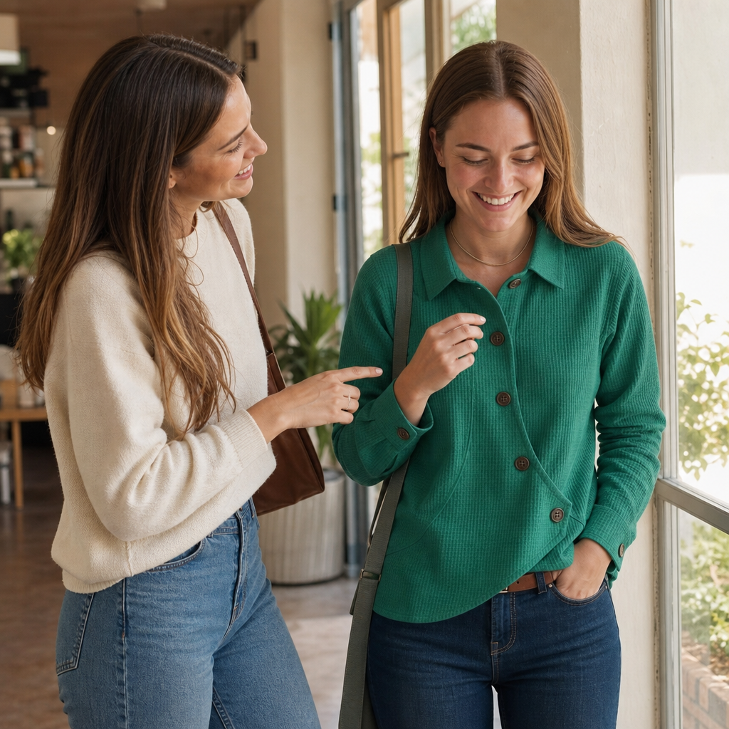 Draperau Waffle-Knit Asymmetric Placket Top - Elena Harper