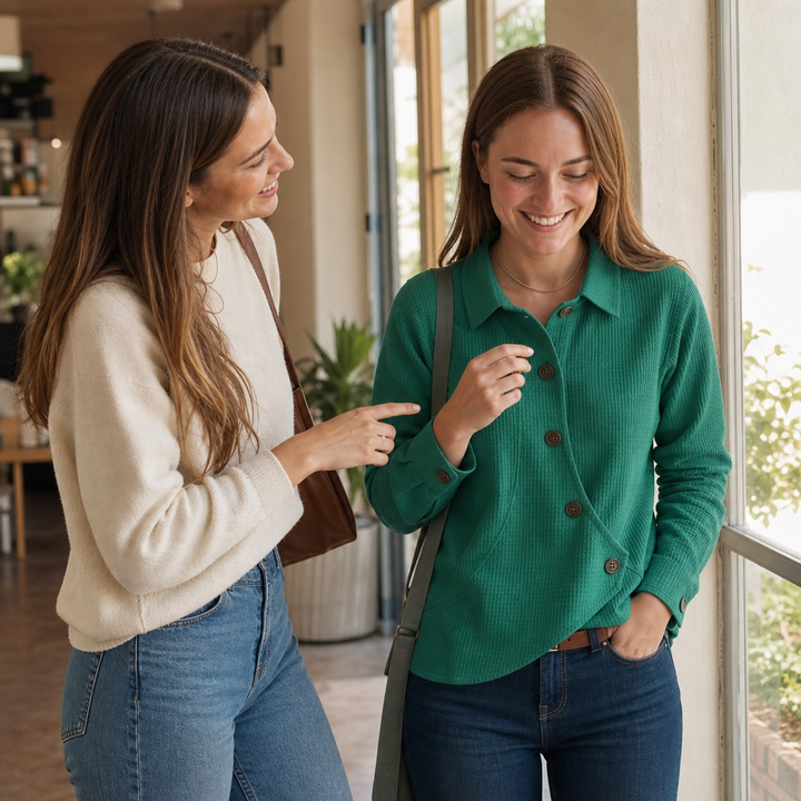 Draperau Waffle-Knit Asymmetric Placket Top - Elena Harper