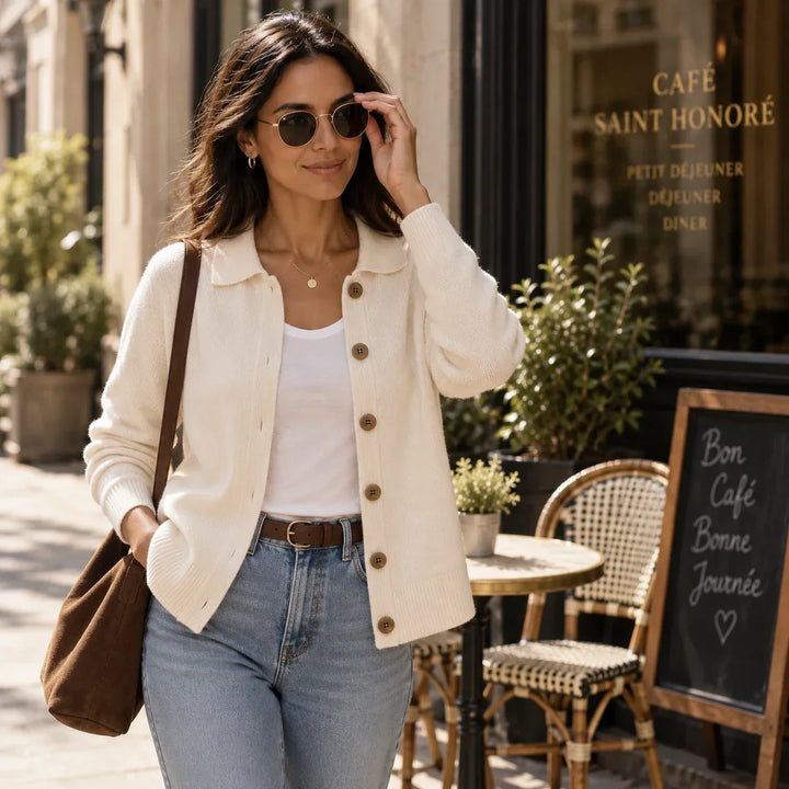 Collara Turn-Down Collar Contrast-Button Knit Cardigan - Elena Harper