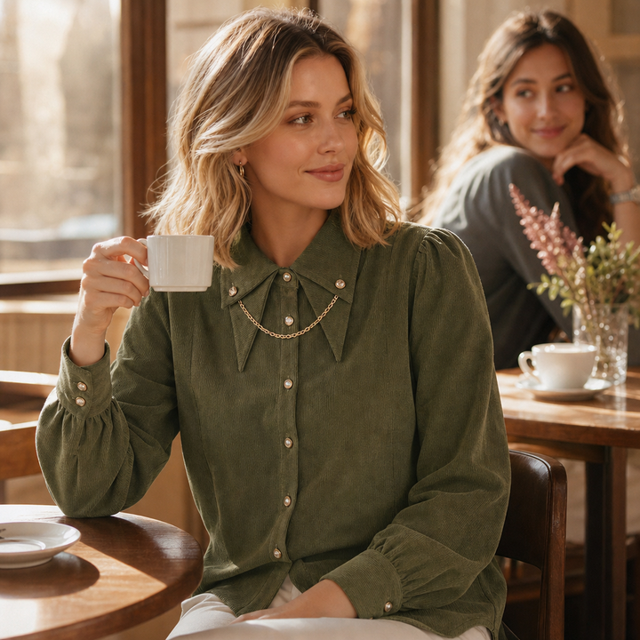 Corduvia Studded Collar Corduroy-Look Shirt With Detachable Chain - Elena Harper