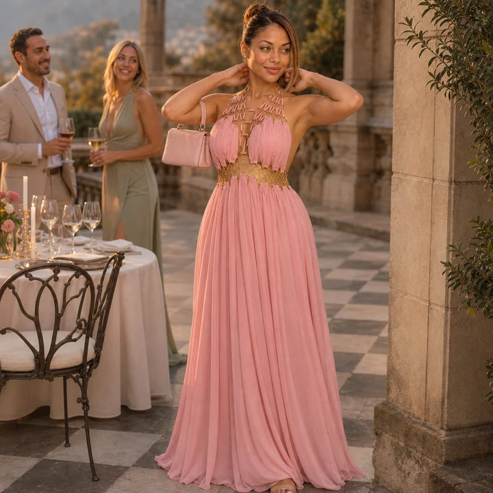 Avelise – Gold Ring Halter Open-Back Maxi Dress