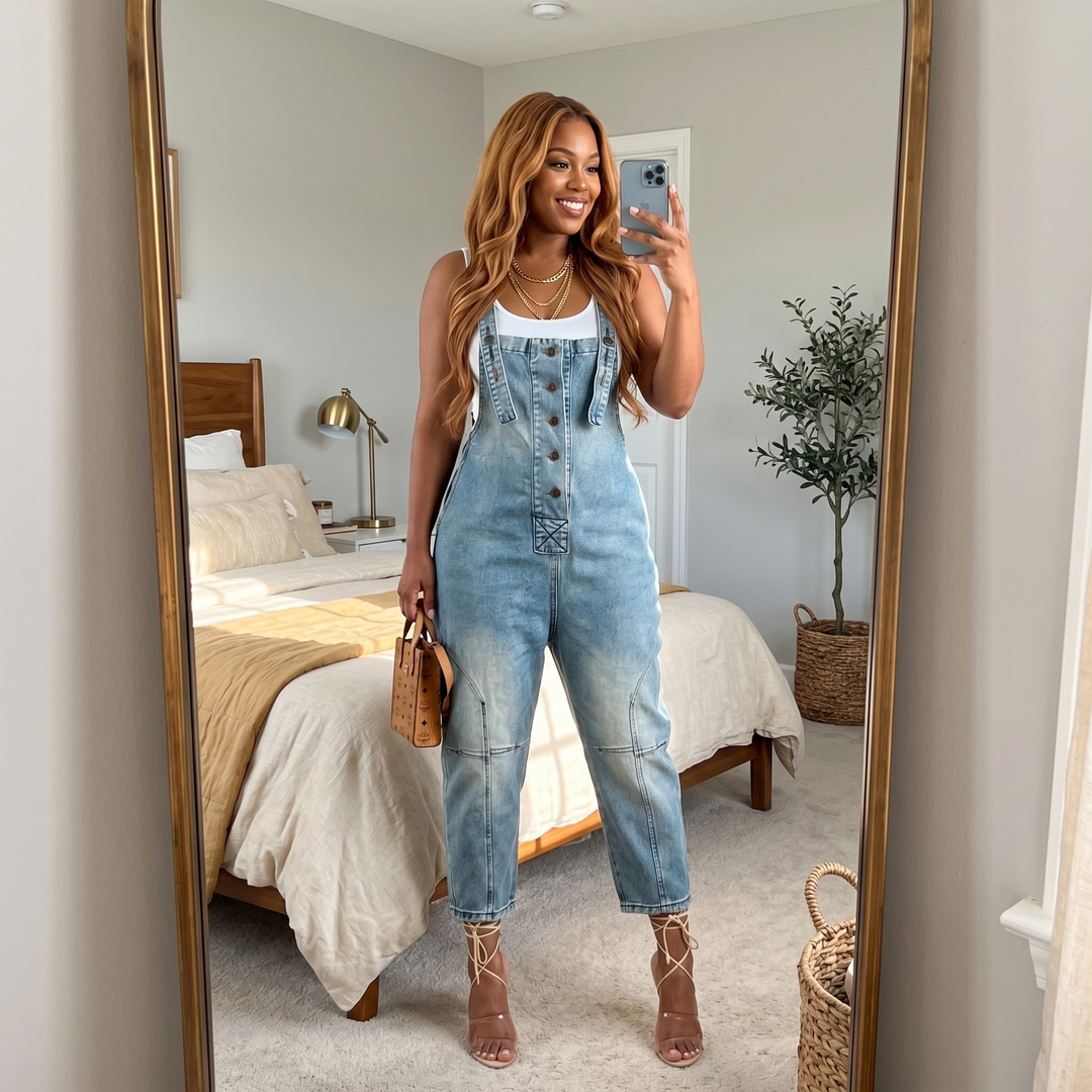 Curvella Women's Button-Front Tapered Denim Overalls - Elena Harper