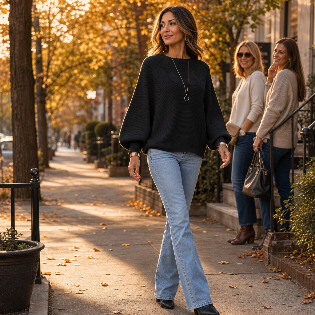 Drapeva Fitted Cuff Batwing Knit Pullover - Elena Harper