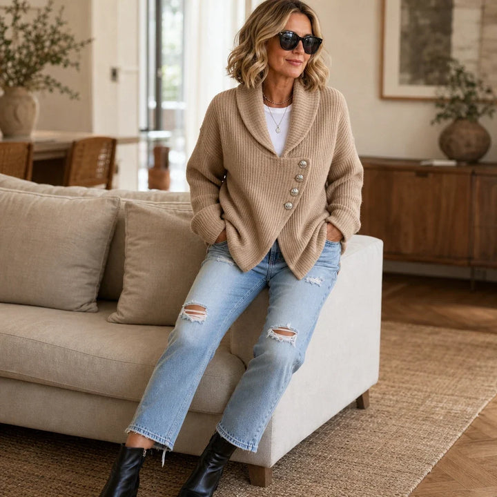 Cozelle – Asymmetric Open-Front Knit Cardigan