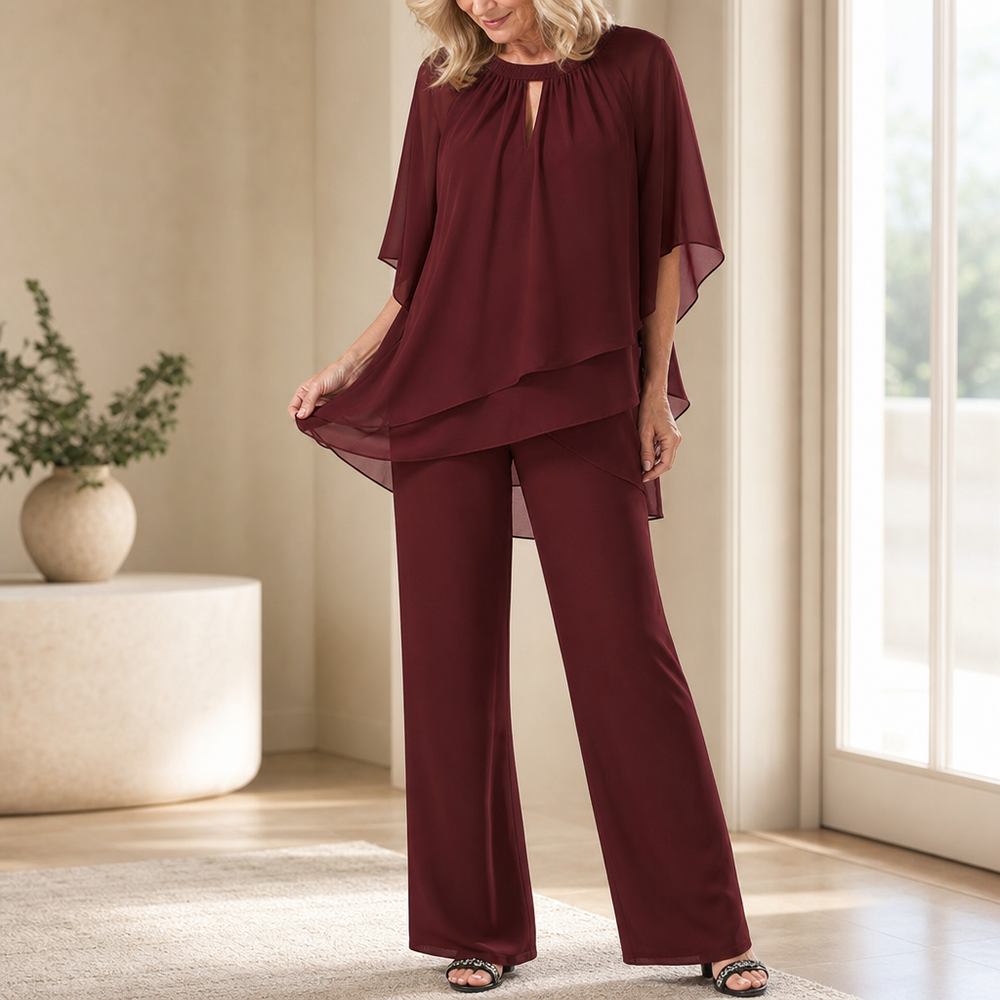 Draperie Asymmetric Chiffon-Overlay Wide-Leg Trouser Set - Elena Harper