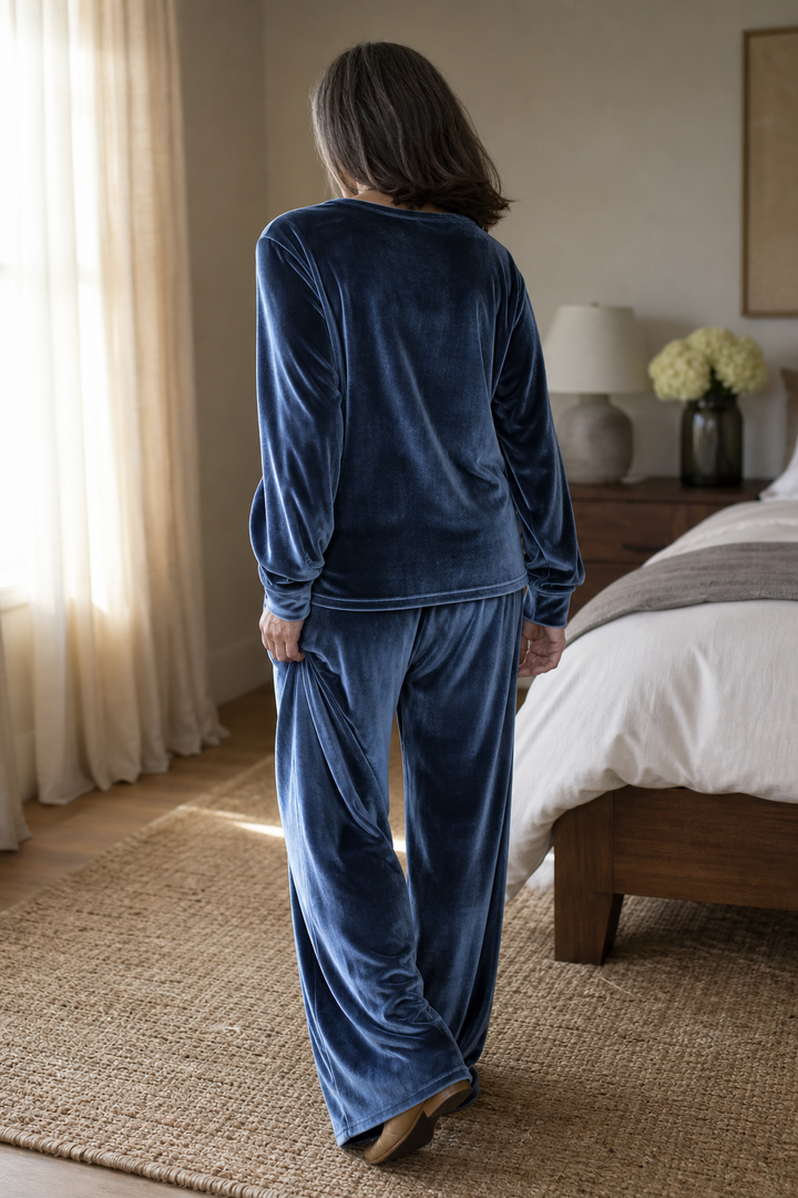 Duskvelor Velvet-Look Wide-Leg Two-Piece Lounge Set - Elena Harper