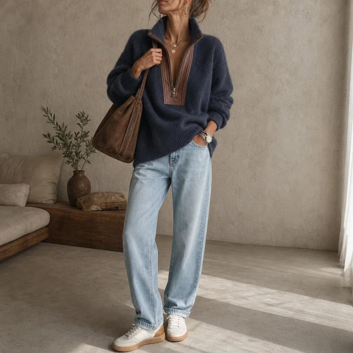 Cozyline Fuzzy Contrast-Trim Half-Zip Sweater - Elena Harper