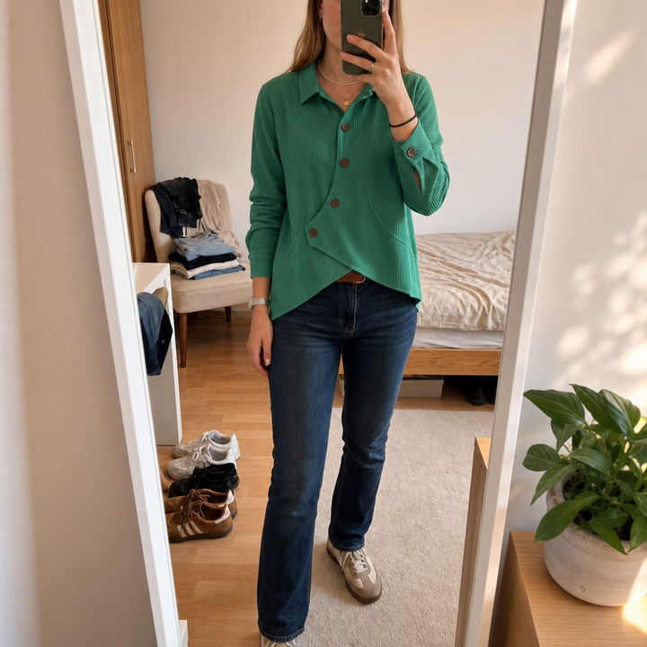 Draperau Waffle-Knit Asymmetric Placket Top - Elena Harper