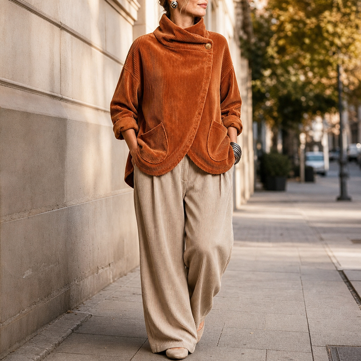 Draperie Asymmetric Button-Wrap Corduroy Top - Elena Harper