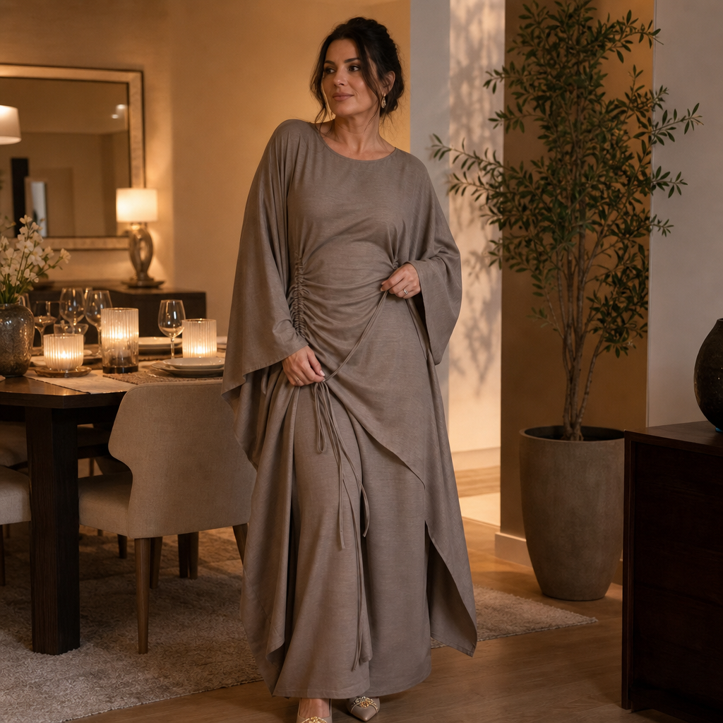 Cinchara Ruched Waist Batwing Kaftan Two-Piece Set - Elena Harper