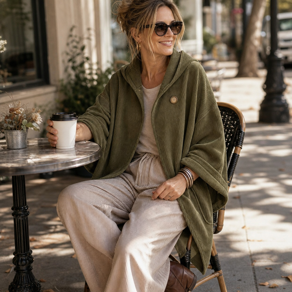 Draperly Asymmetric Hem Hooded Corduroy Poncho - Elena Harper